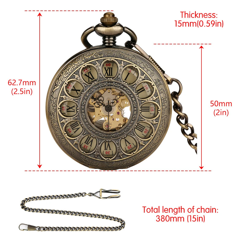 Relógio de Bolso Mecânico com Mostrador de Numerais Romanos Transparentes, Corda Manual, Luxuoso, Vintage, com Corrente, Presente Masculino