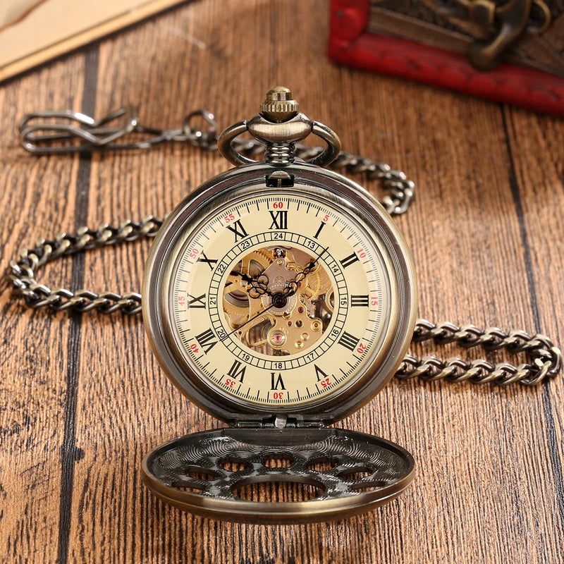 Relógio de Bolso Mecânico com Mostrador de Numerais Romanos Transparentes, Corda Manual, Luxuoso, Vintage, com Corrente, Presente Masculino